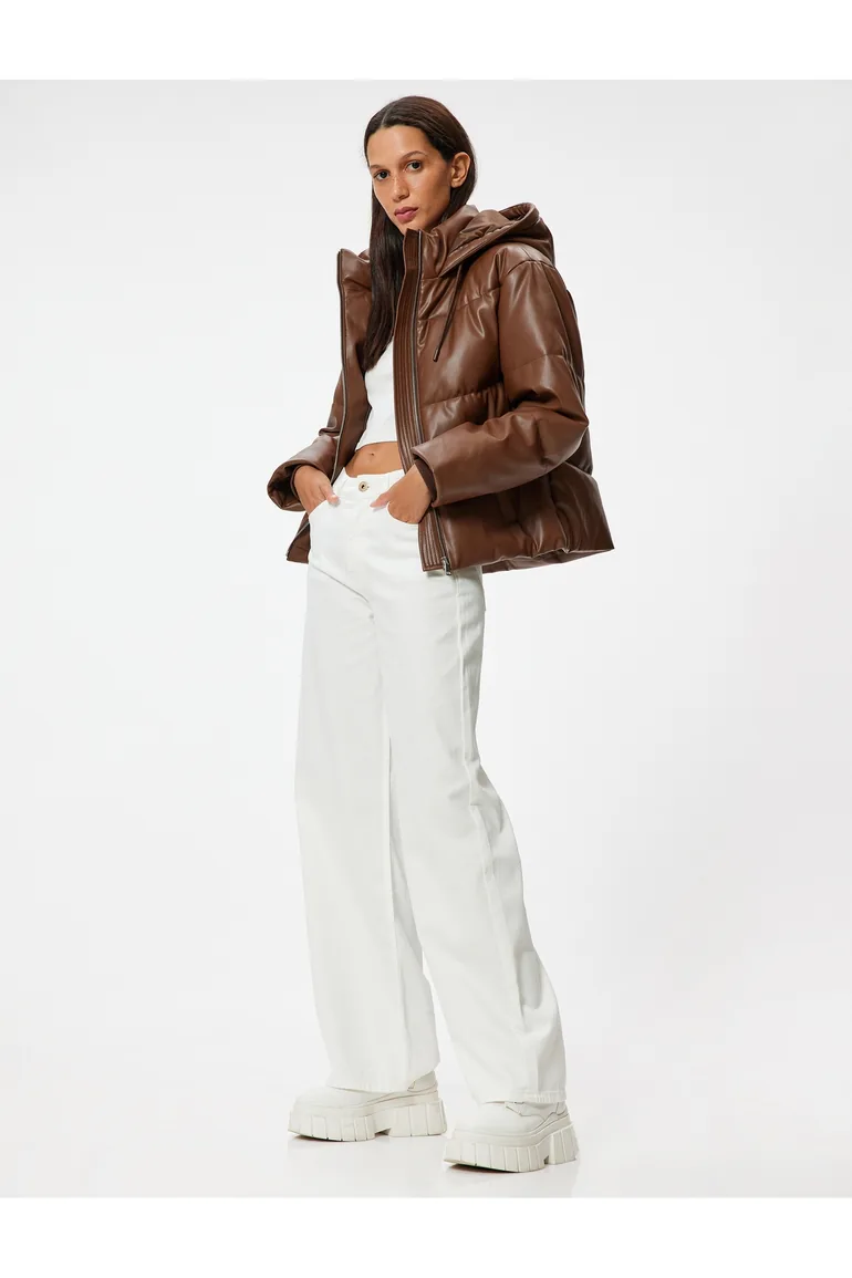 Puffer Jacket Leather Look Hooded Zippered Pocket Detail