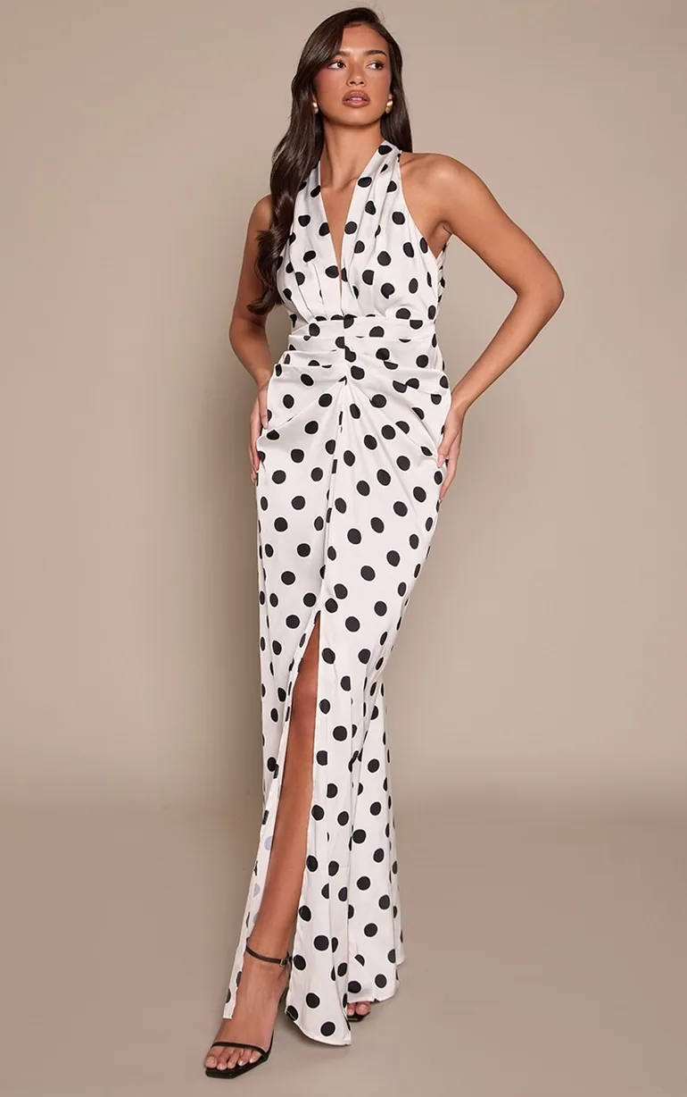 Polka Dot Satin Ruched Detail Plunge Maxi Dress - 1