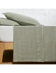 AcÃ©lie Khaki Gingham 100% Washed Linen Flat Sheet