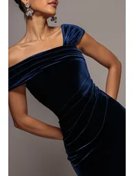 One Shoulder Velvet Maxi Dress - Navy by Goddiva - 4