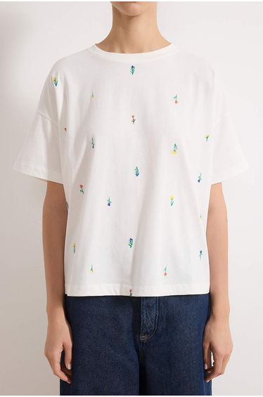 Ecru Regular/Normal Fit Low Arm Short Sleeve Embroidered Tok 100% Cotton Knitted Blouse product thumbnail 3