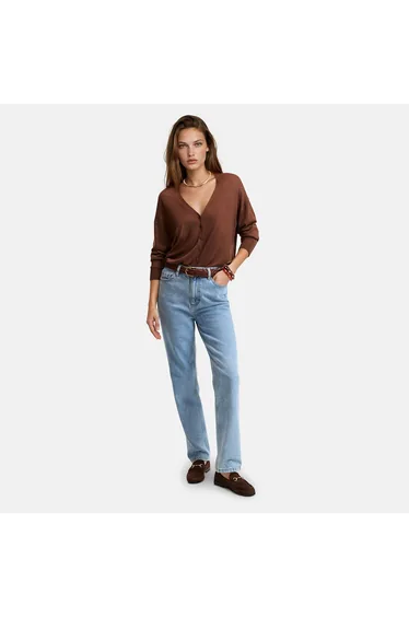 Fine Knit Buttoned Cardigan with V-Neck