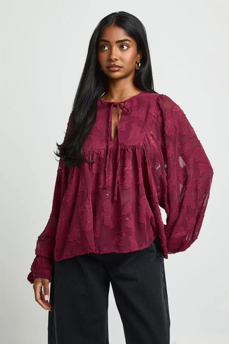 Burnout Floral Boho Blouse - burgundy