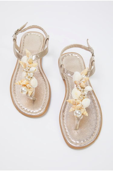 Gold Sea Shell Pearl Detailed Flip Flops Women Stylish Sandals product thumbnail 2
