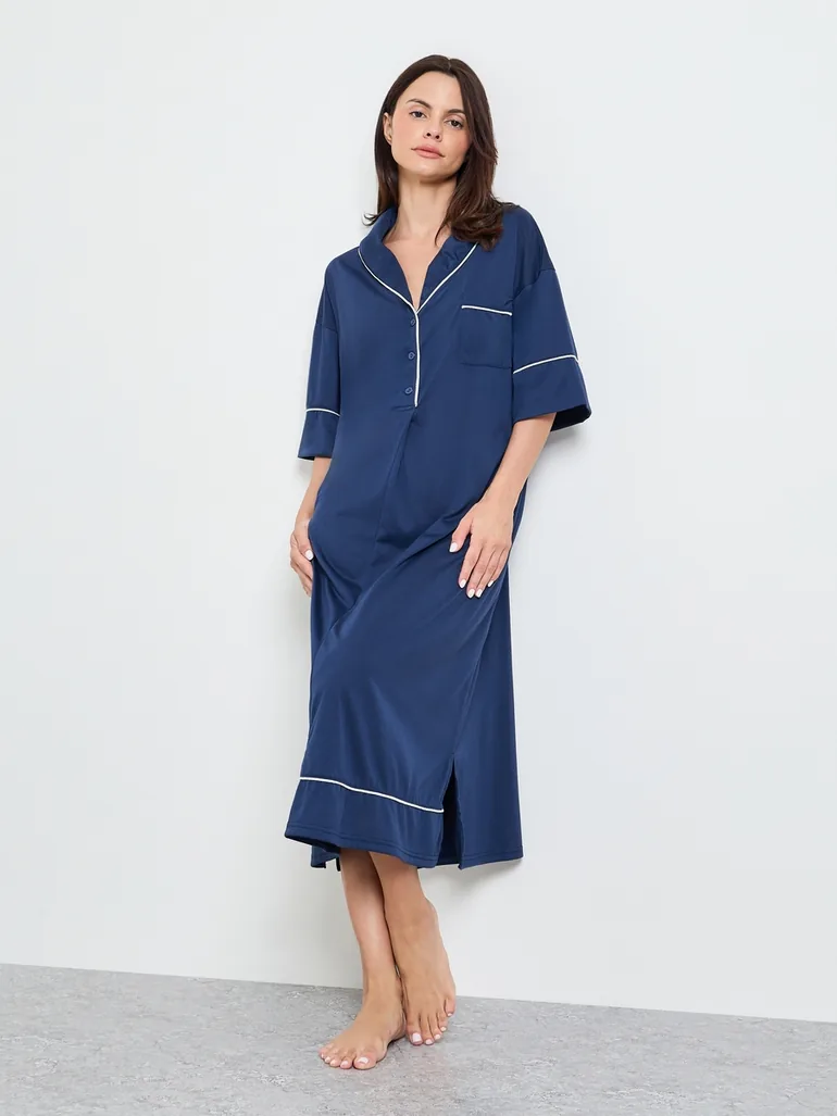 Contrast Piped Half Placket Nightshirt Dress