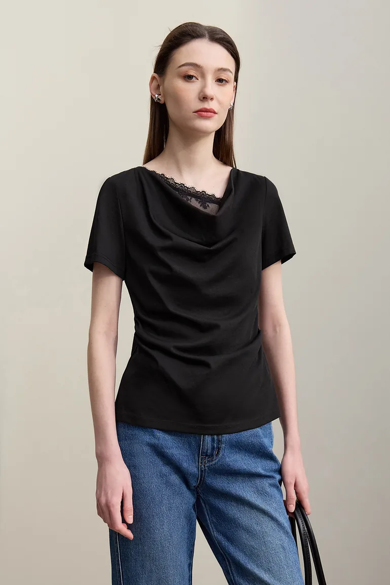 Lace Spliced Cowl Neck T-Shirt - 1