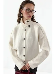 VIORNA Ribbed Half-Turtleneck Button Cardigan