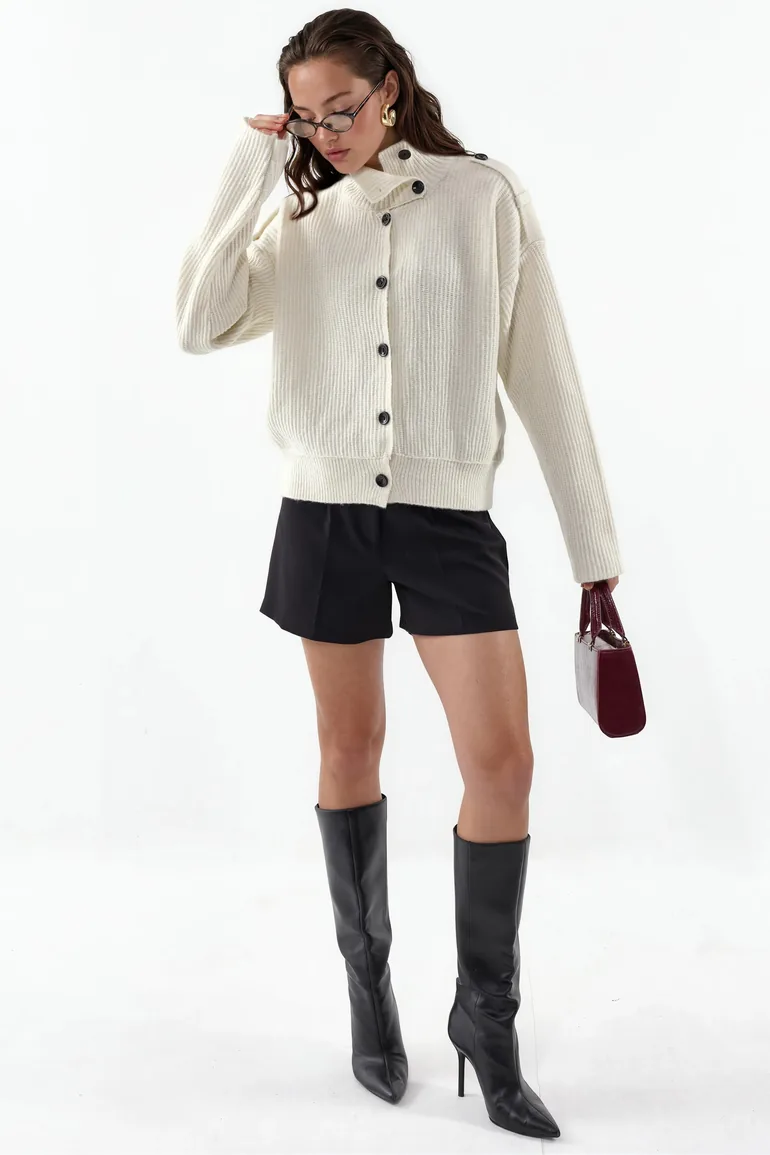 VIORNA Ribbed Half-Turtleneck Button Cardigan - 1