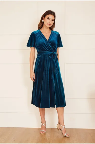 Yumi Teal Wrap Over Midi Dress With Angel Sleeves and Split Hem