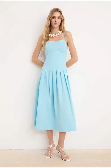 Light Blue Straight Midi Woven Dress