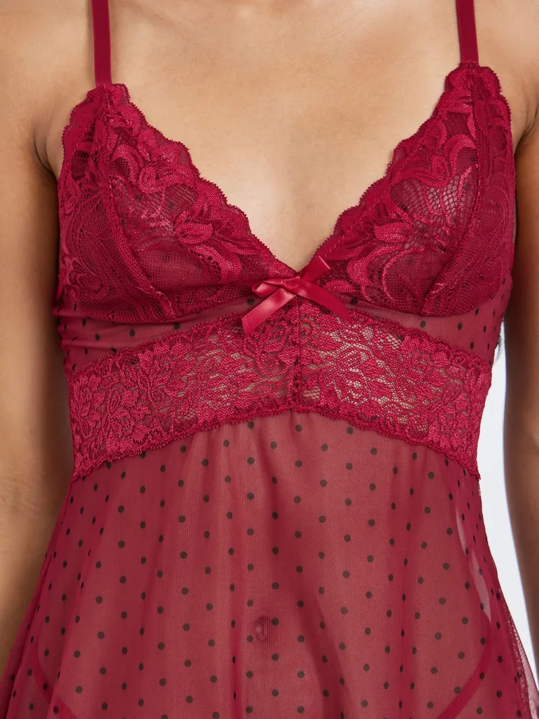 Burgundy Polka Dot Lace Babydoll with Brief Set - 2