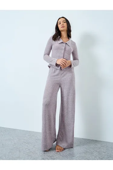 Pink Melange Knit Collared Shirt and Pyjama Set