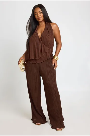 Plus Plisse Halter Neck Wrap Over Tie Top - chocolate