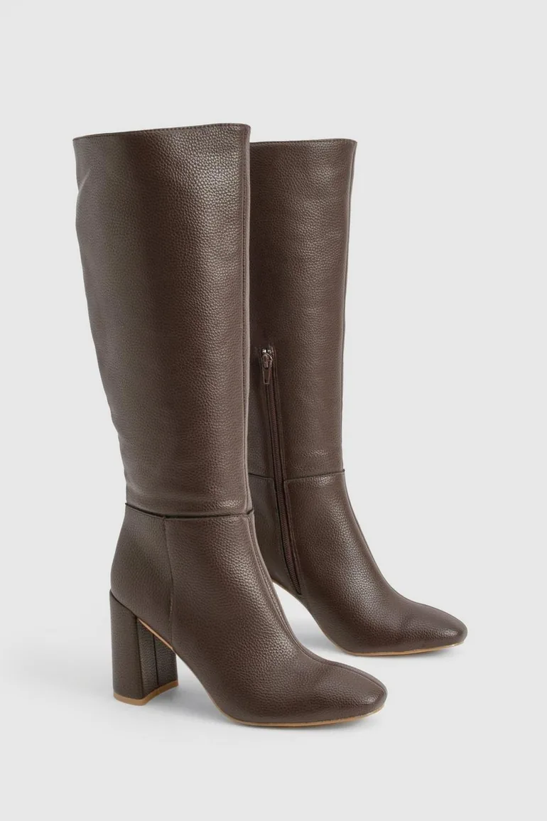 Textured Heeled Knee High Boot - chocolate - 1
