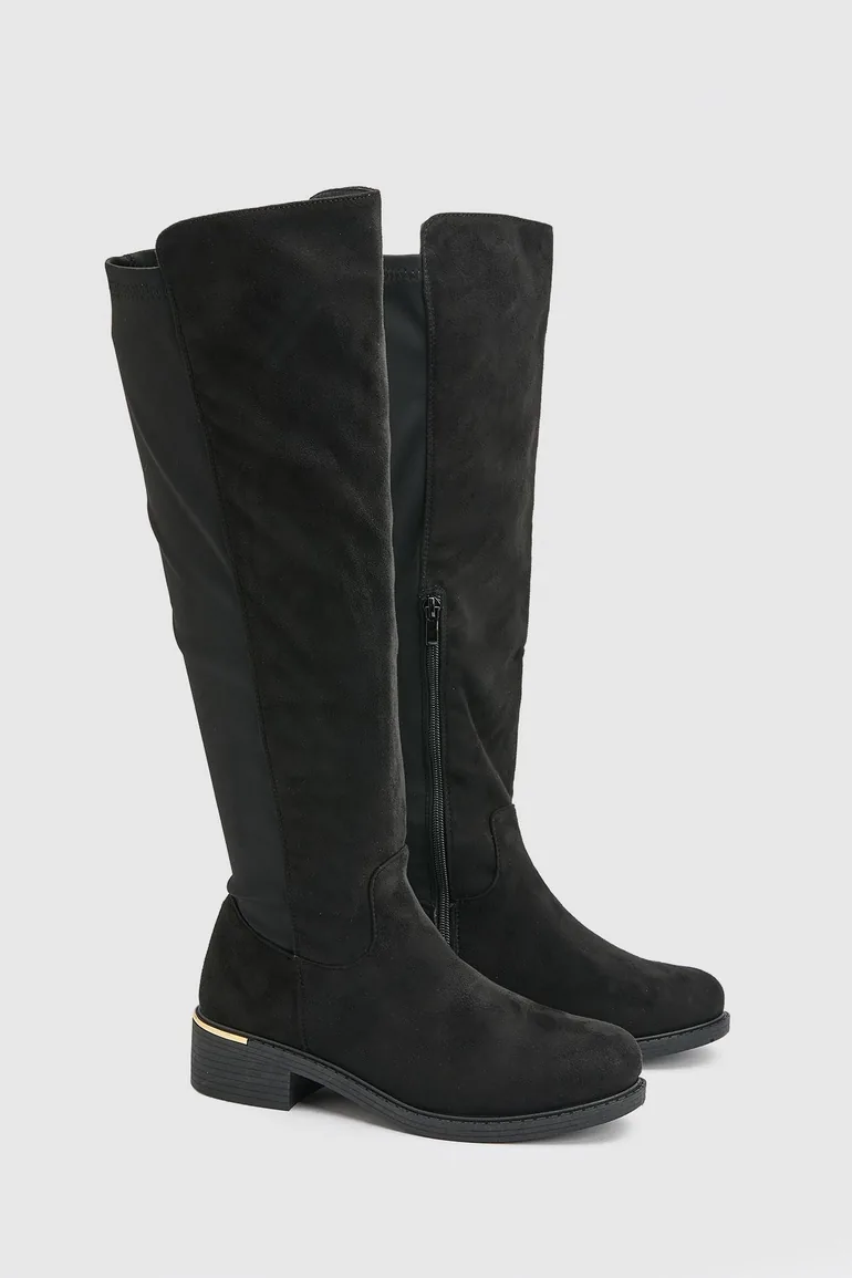 Faux Suede Panel Detail Chunky Knee High Boots - black - 2