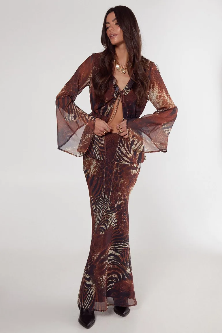 Mixed Animal Crinkle Chiffon Bias Cut Maxi Skirt