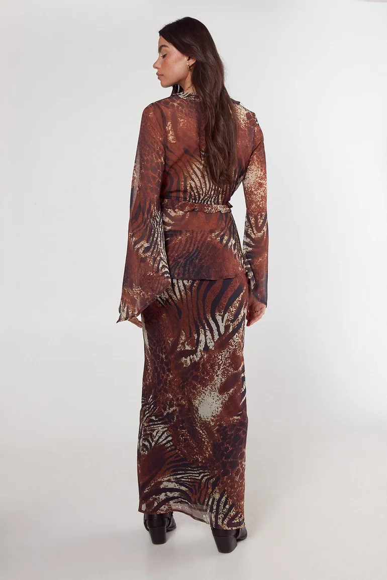 Mixed Animal Crinkle Chiffon Bias Cut Maxi Skirt - 3