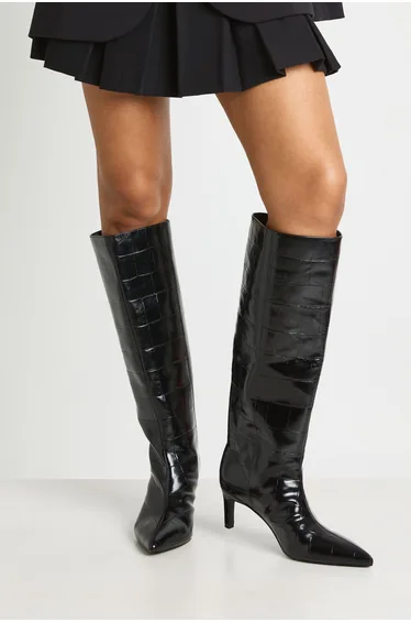 Wide Fit Croc Knee High Column Stiletto Mid Boots - black