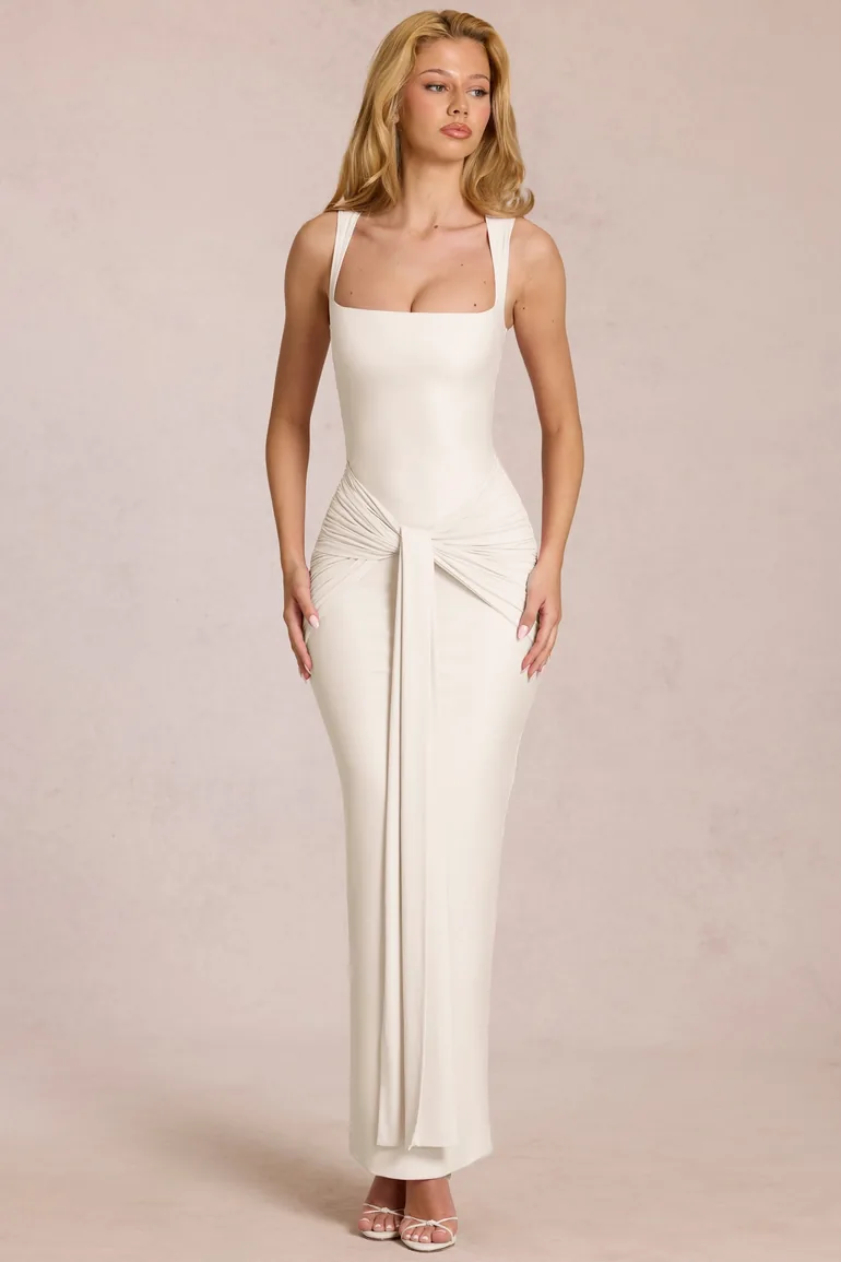 Square-Neck Tie-Gather Maxi Dress in Ivory - 3