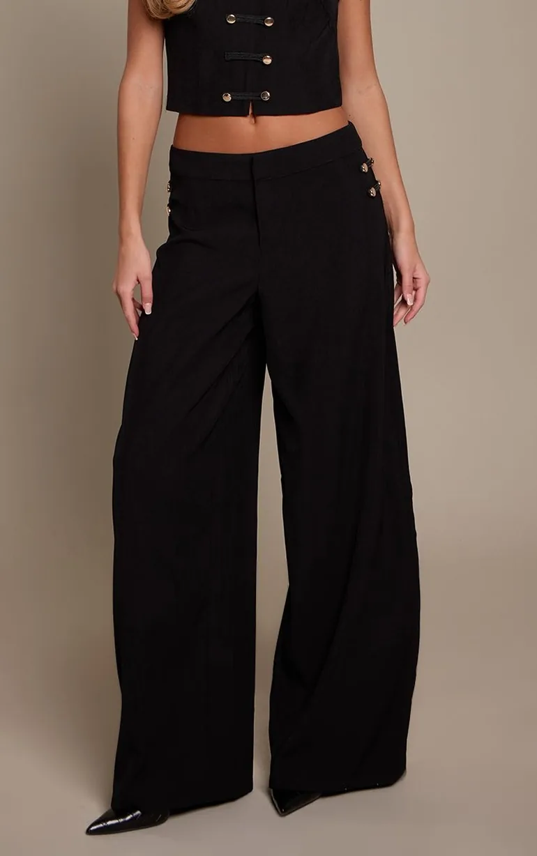 Black Woven Military Detail Wide Leg Trousers - 3