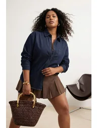 Dark Blue Button Detail 100% Cotton Non-Stretch Large Size Denim Shirt - 2
