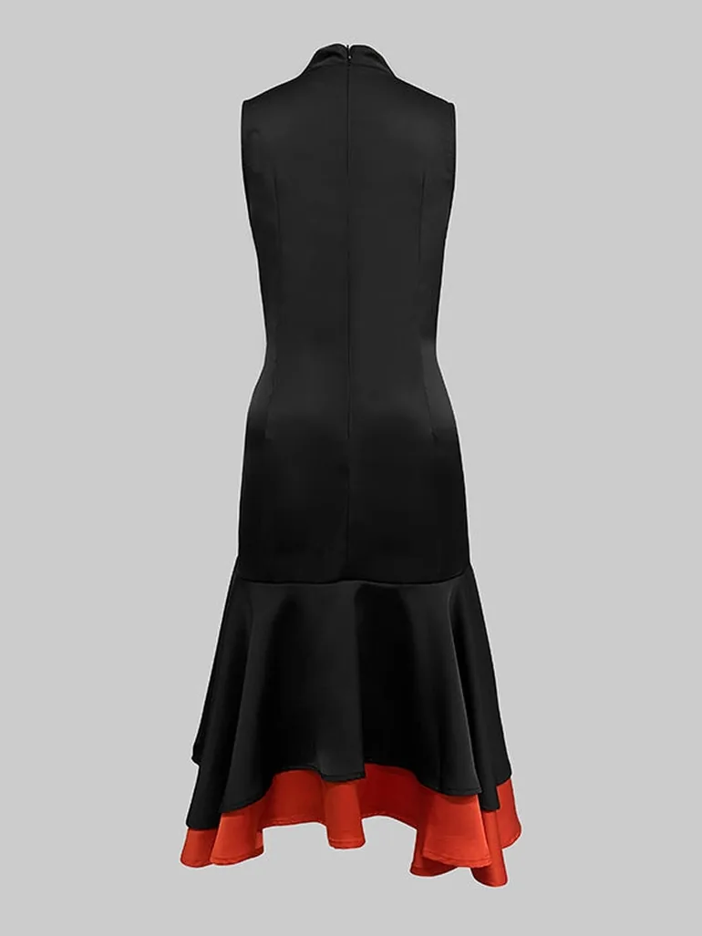 فستان بطبقات متدرجة بياقة عالية بفتحة بلا أكمام - 4