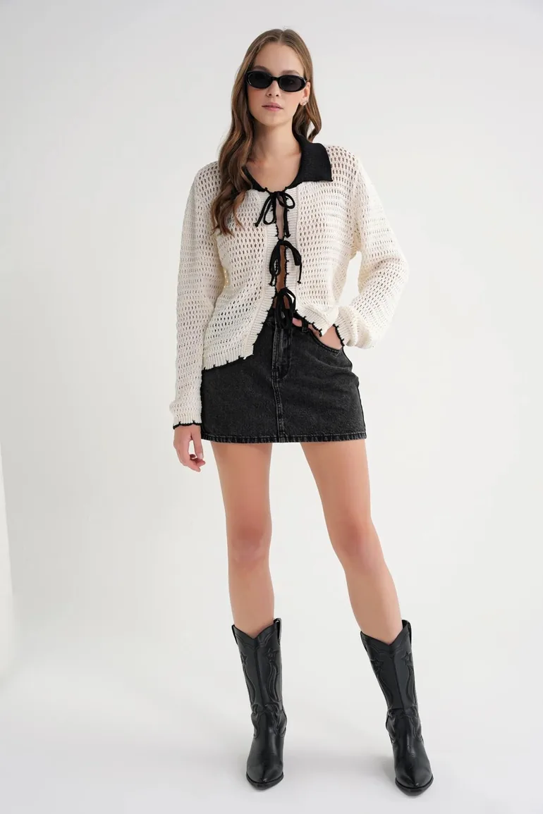 Mixray Knit Cardigan with Contrast Collar and Lace-Up Detail