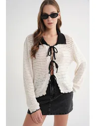Mixray Knit Cardigan with Contrast Collar and Lace-Up Detail - 1