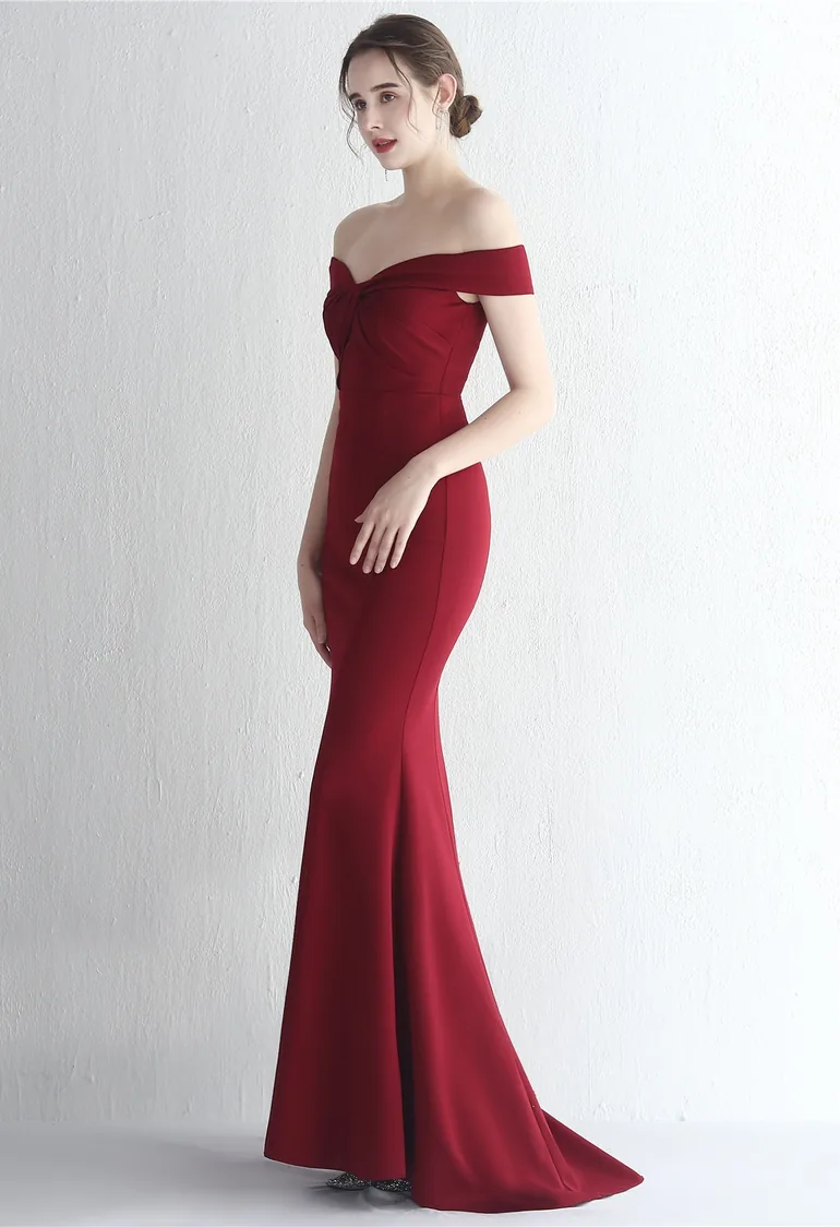 Twist Front Off-Shoulder Gown in Burgundy - 4