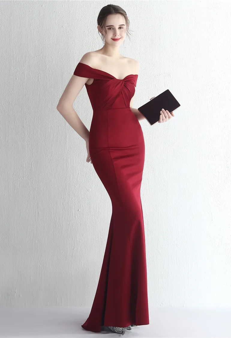 Twist Front Off-Shoulder Gown in Burgundy - 2