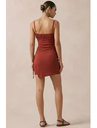Round Neck Ruched Asymmetrical Tie-Up Beaded Slip Sleeveless Mini Dress - 2