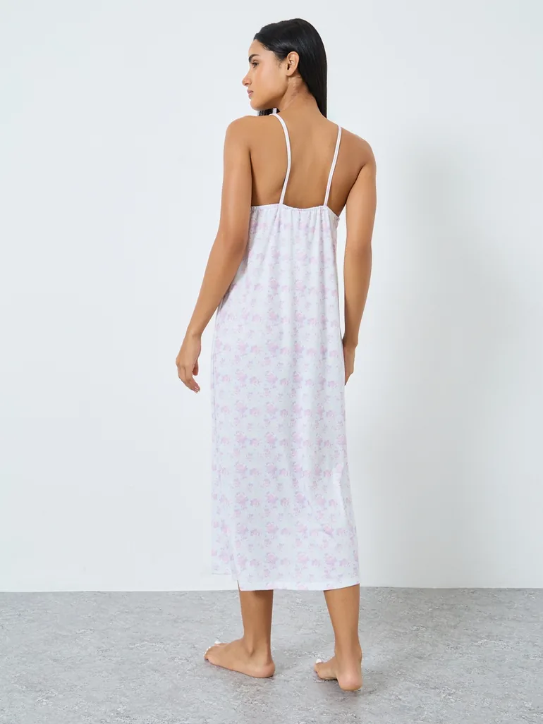Ditsy Print Front Gathered Keyhole Slip Dress - 3