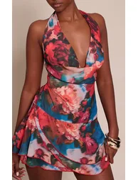 Floral Print Chiffon Cowl Neck Ruched Mini Dress - 3
