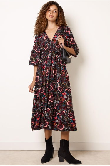 V Neck Elasticated Midi Dress