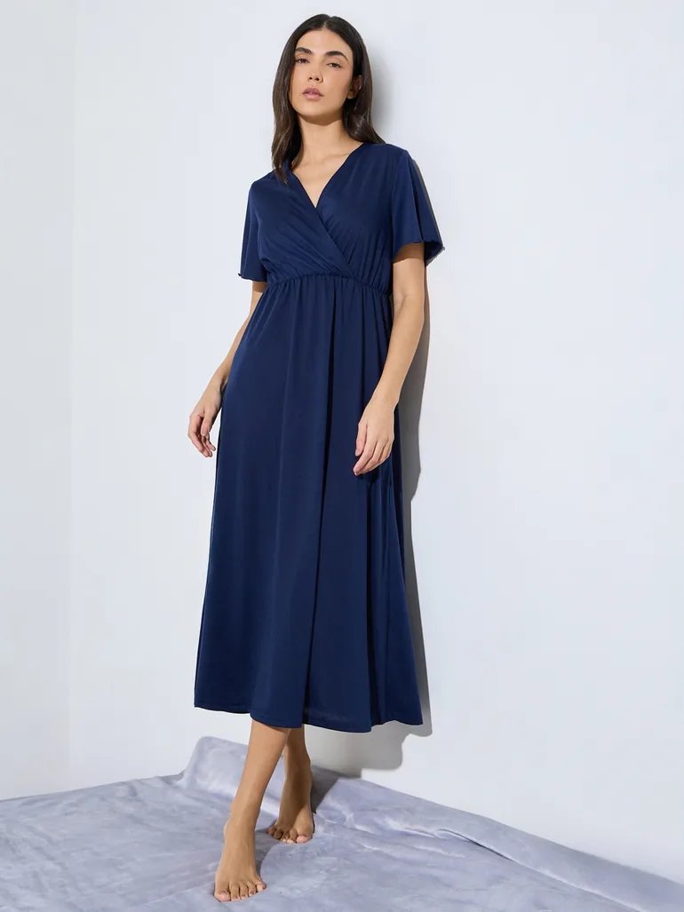Navy Blue Solid Wrap Over Nightdress
