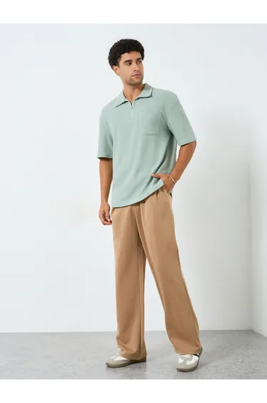 Men Waffle Knit Quarter Zip Oversized Polo