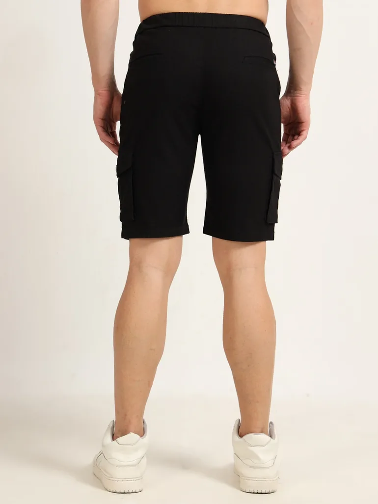Men Black Cargo Linen Shorts - 4