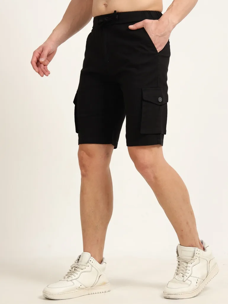 Men Black Cargo Linen Shorts - 2