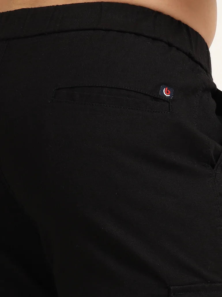 Men Black Cargo Linen Shorts - 5