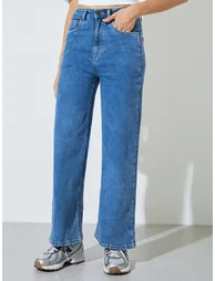 Medium Blue Super Stretch Twill Cotton Wide Leg Jeans - 1
