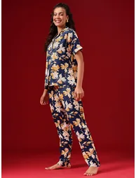 Floral Print Button Down Shirt and Pyjama Set - 2