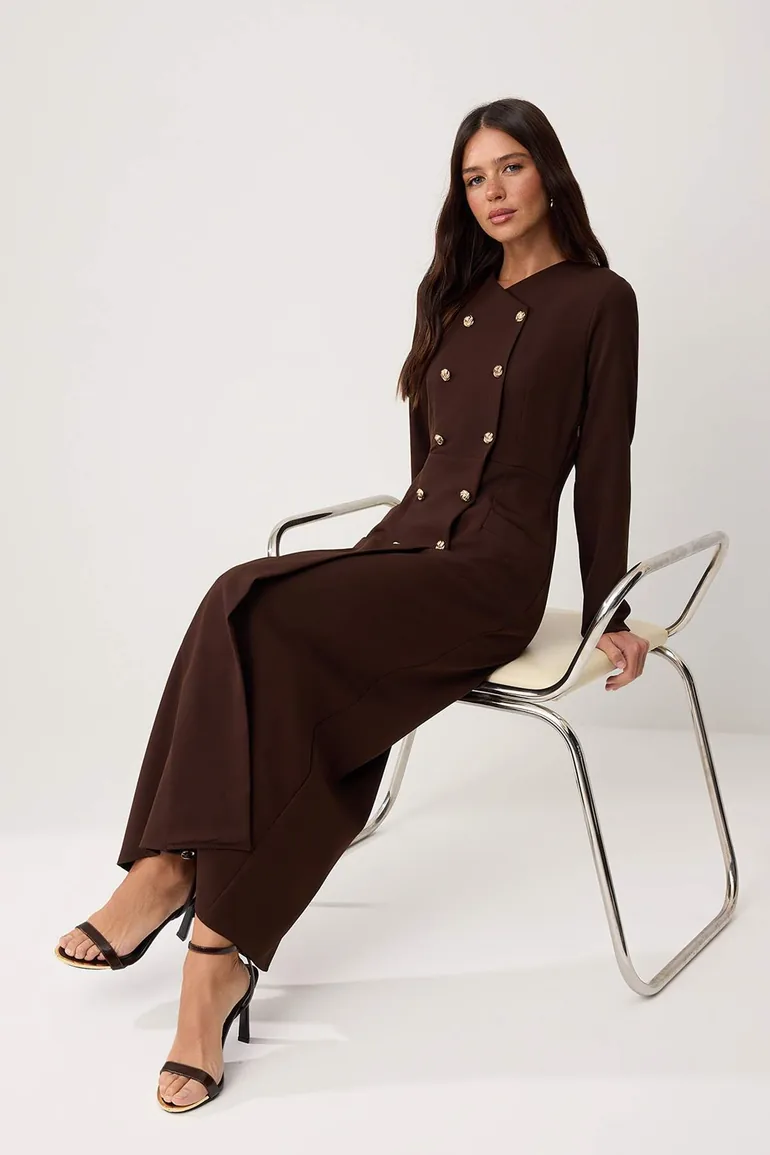 Brown Unlined Plain Woven Dress&Jumpsuit Finike Hijab Dress - 1