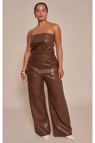 Shape Chocolate Faux Leather Ruched Bandeau Wide Leg Jumpsuit