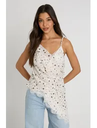 Polka Lace Trim Draped Asymmetric Cami - ivory - 3