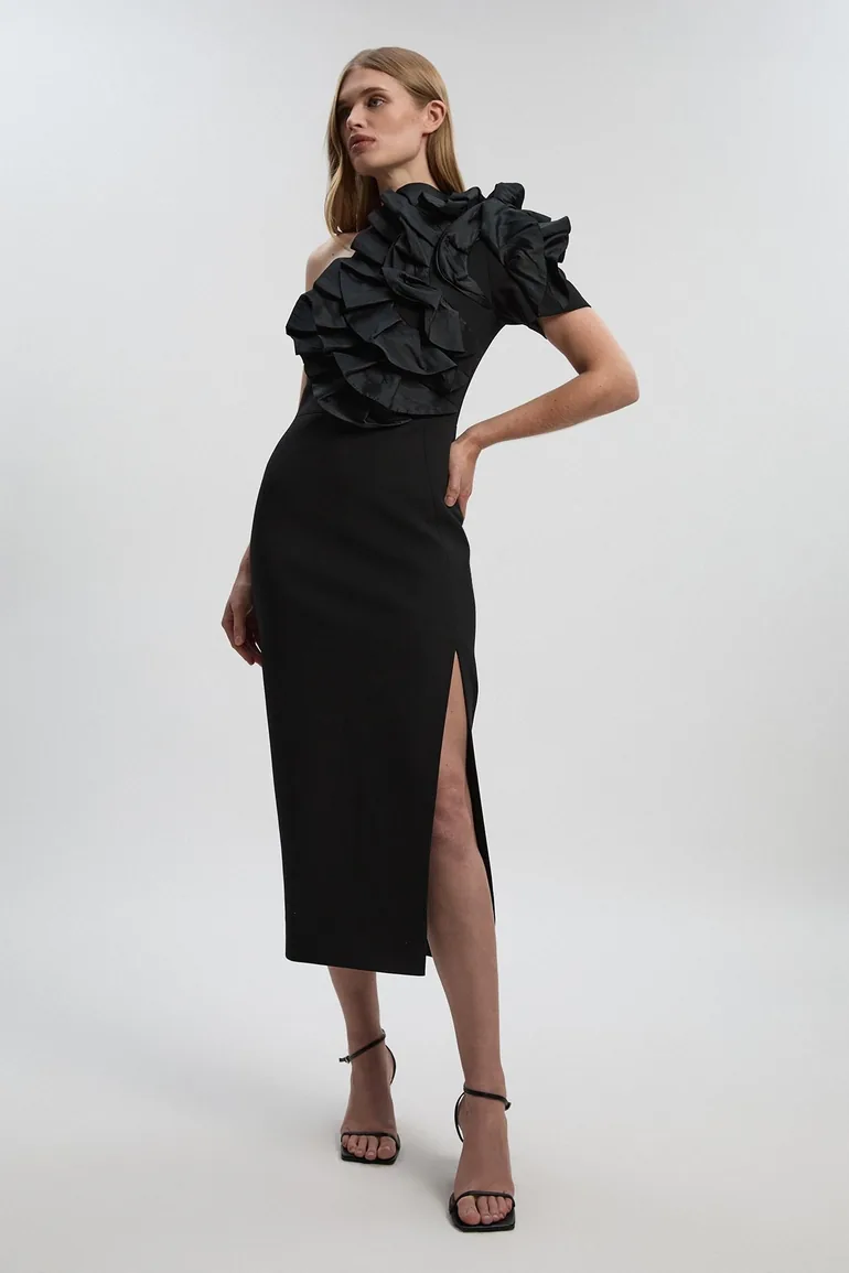 Compact Stretch Taffeta Ruffle One Shoulder Dress