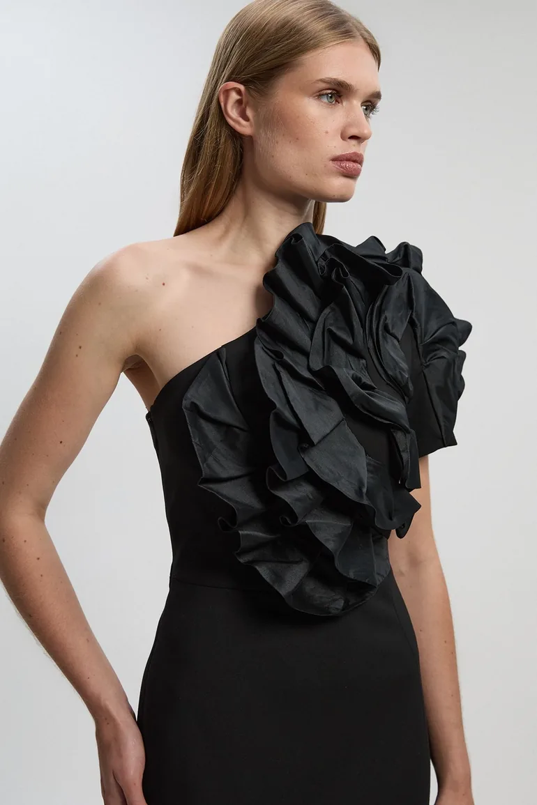 Compact Stretch Taffeta Ruffle One Shoulder Dress - 1