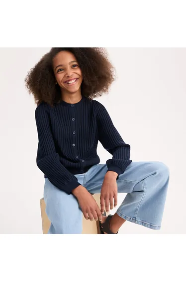 Fine Pointelle Knit Cardigan with Crew Neck