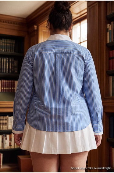 Blue Striped Double Placket Woven Oversized Shirt product thumbnail 3
