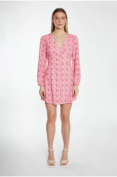Raspberry Ditsy Button Front Long Sleeve Mini-Dress