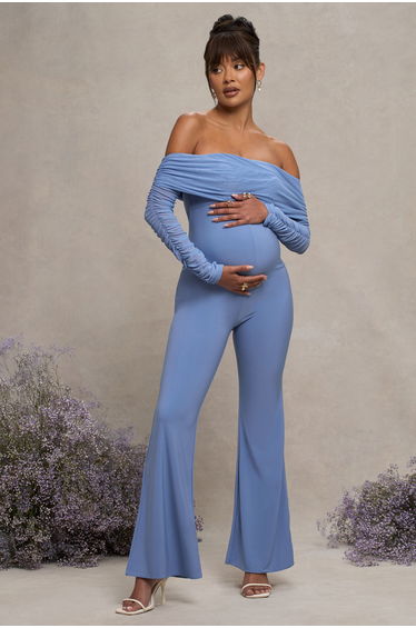 Powder Blue Maternity Ruched Mesh Bardot Jumpsuit